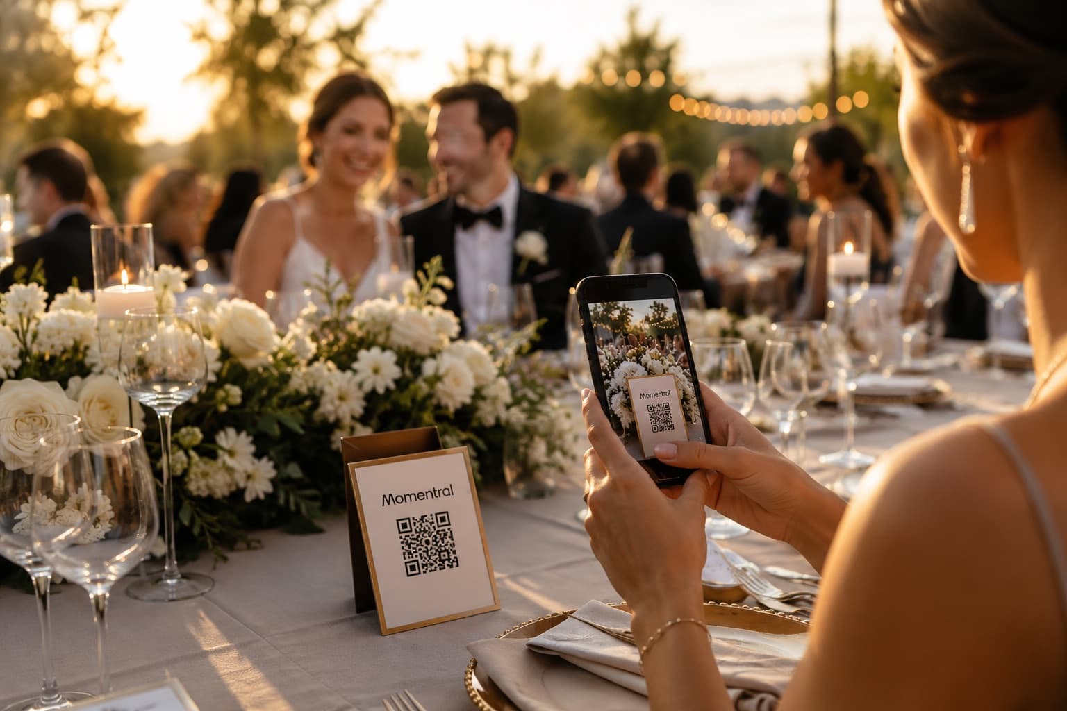 Wedding guest capturing the couple on a phone during the reception