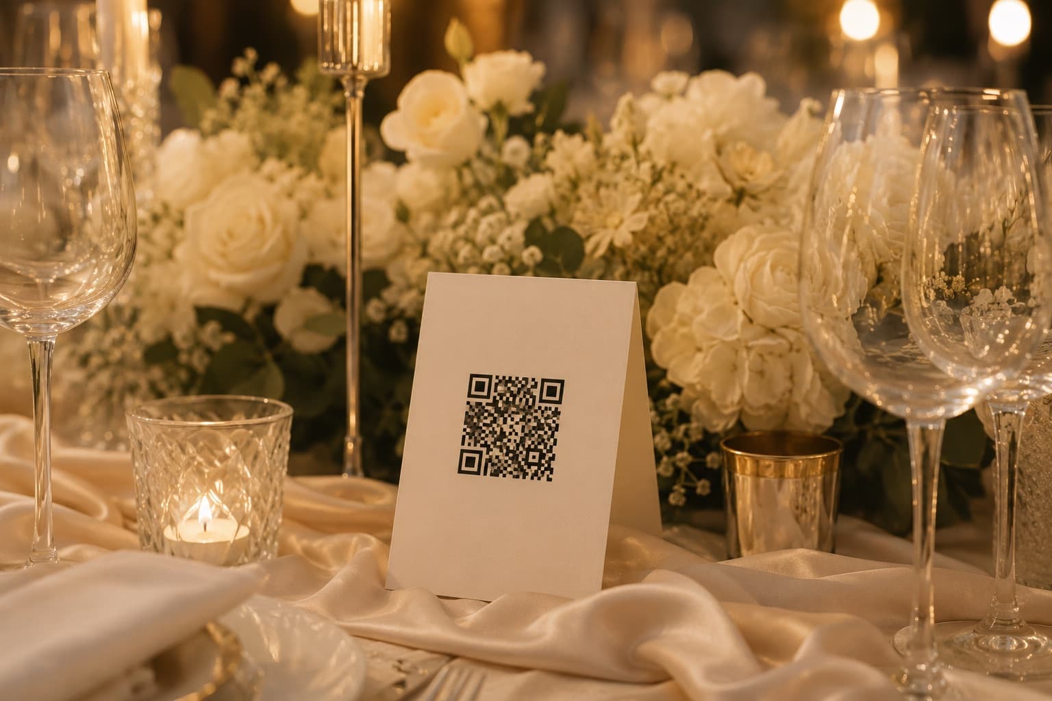 QR code card for event photo sharing on a reception table